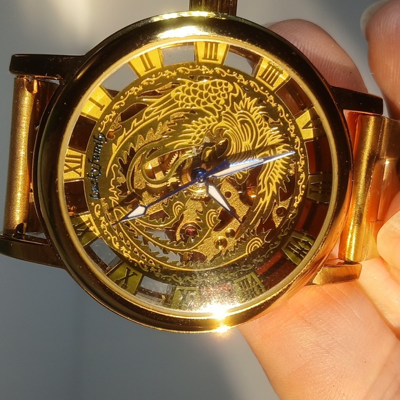 ⏳ Gold Chinese Phoenix See-Thru Skeleton Mechanical Watch NWOT Steampunk